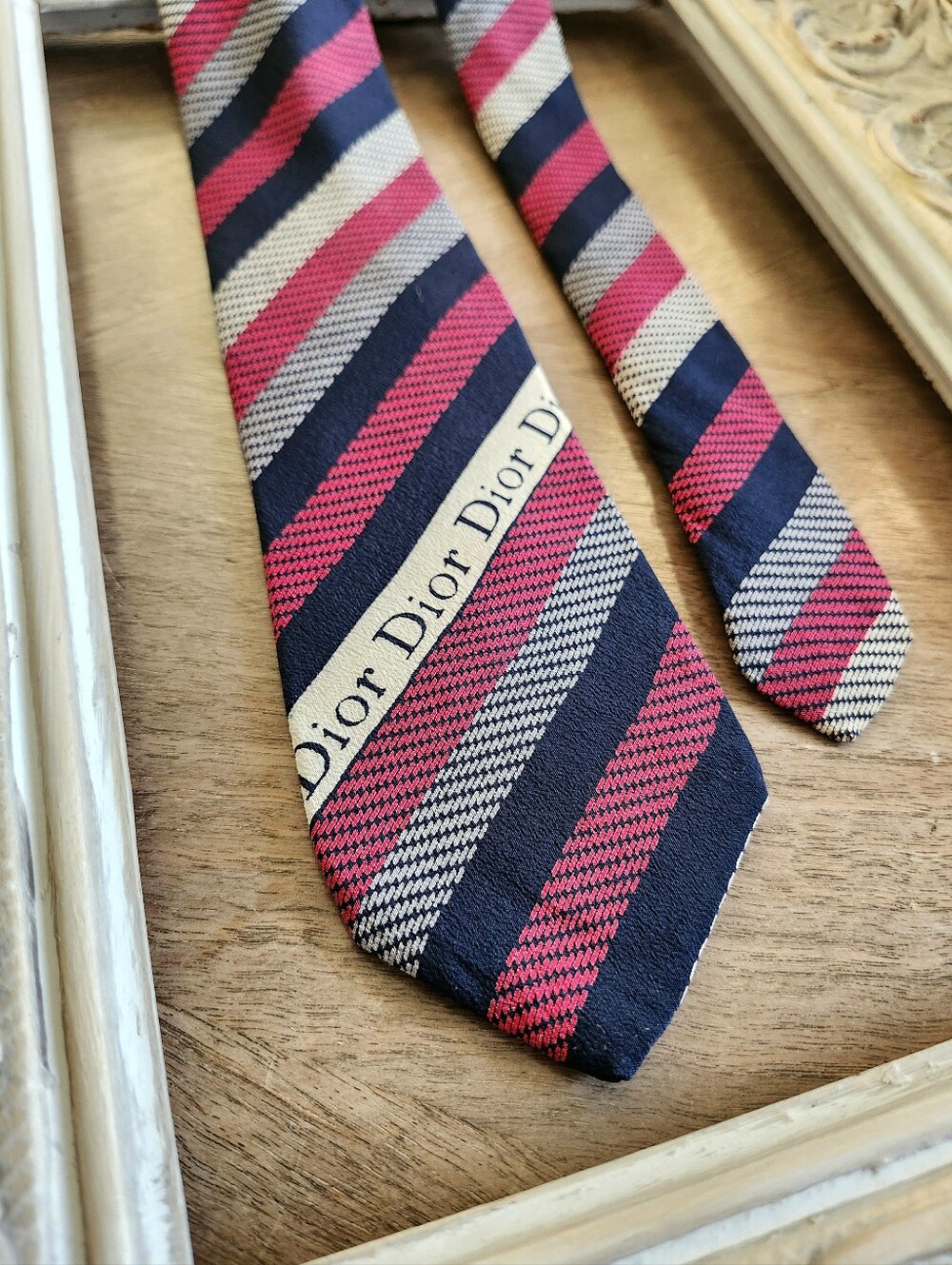 Vintage Christian Dior Navy Blue, Grey & Red Striped Silk Tie